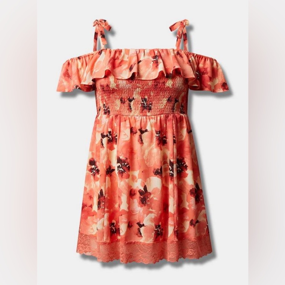 Torrid Cold Shoulder Tie Strap Lace Trim Peachy Pink Floral Mini Dress NWT